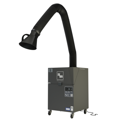 TEKA Filtoo mobile welding fume extractor featuring a box-style unit on caster wheels with a flexible exhaust arm extending upward and outward. Control panel and branding visible on the front of the unit. Designed for portable use in light-duty welding environments.