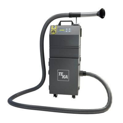 TEKA Handycart mobile welding fume extractor unit shown with flexible extraction arm, digital control panel, and durable caster wheels. 