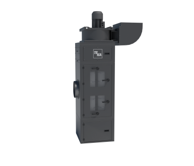 TEKA FilterCube 4H stationary central fume extractor featuring a tall, rectangular floor-mounted housing with four visible filter access panels, a side-mounted control unit, and a top-mounted exhaust with an angled outlet hood, designed for high-volume welding fume and dust filtration in industrial environments. 