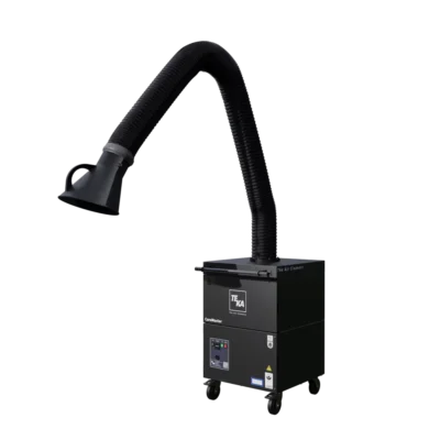 TEKA Caremaster mobile welding fume extractor shown on caster wheels with a 360-degree swivel extraction arm. Features a control panel and HEPA-certified filtration system, designed for stainless steel welding and compliance with W3 safety standards.